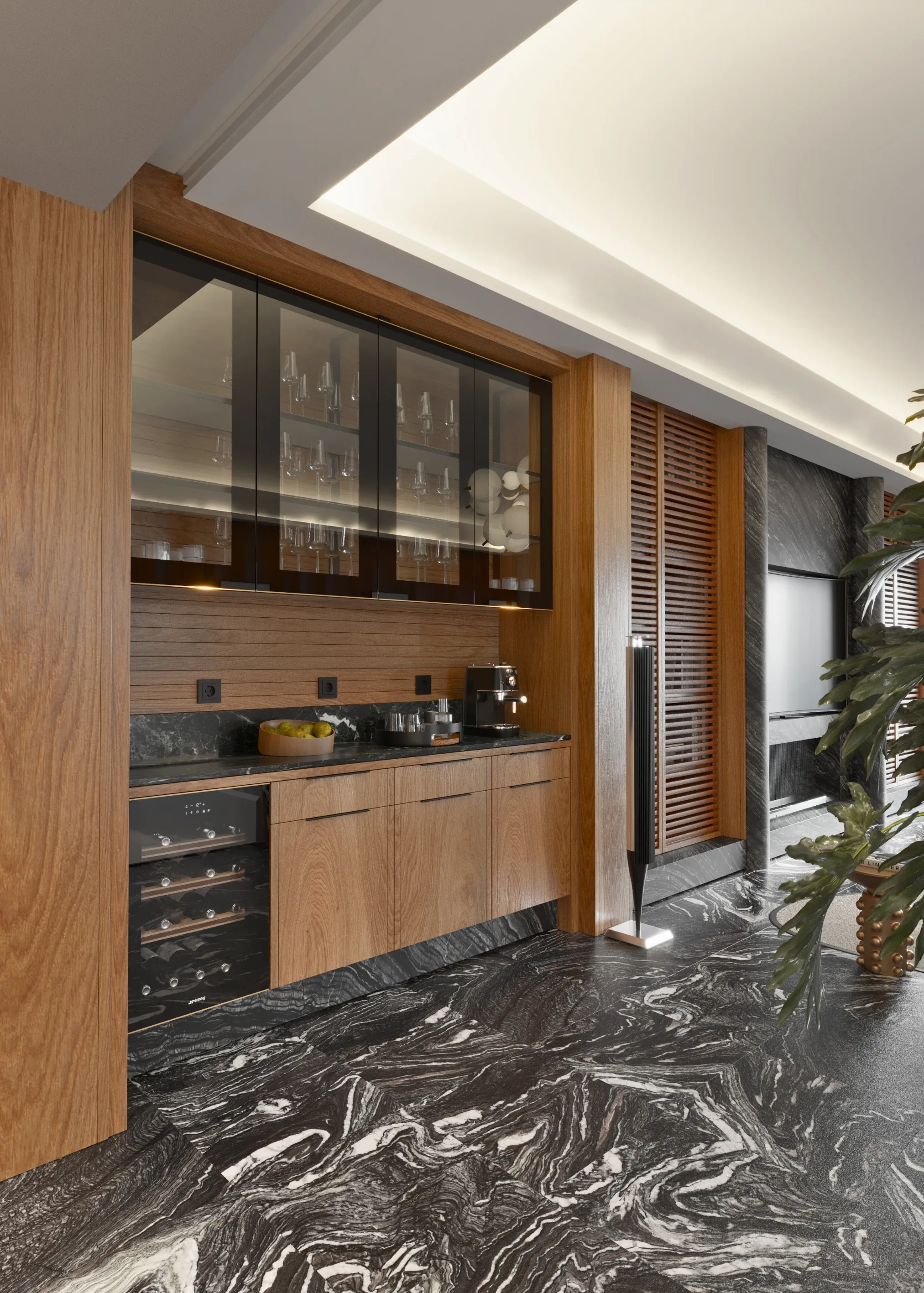 Bespoke Bar Unit Design - Natural Wood and Stone Integration